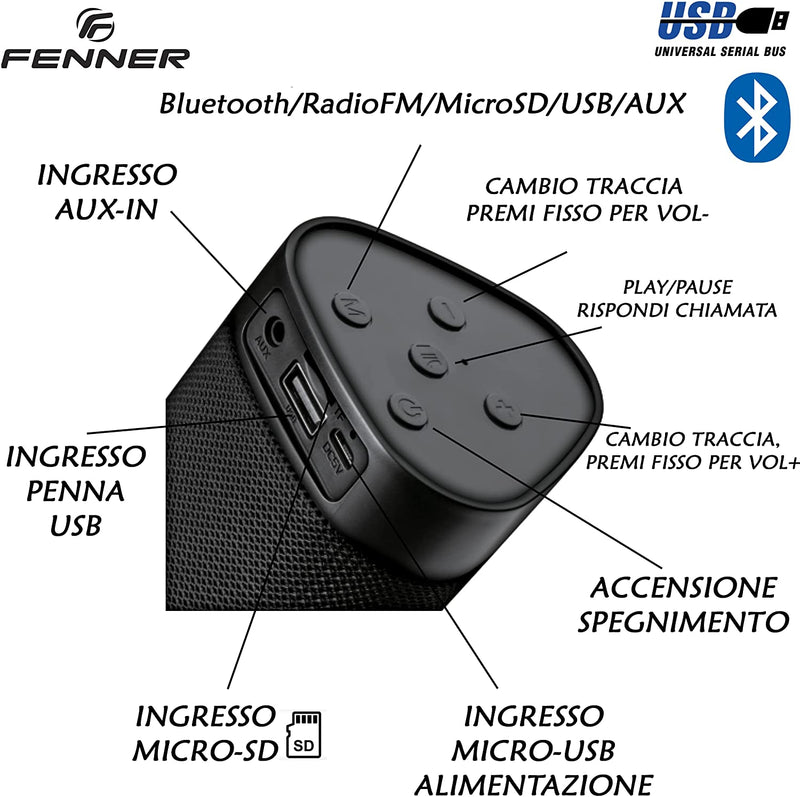 FENNER Cassa Bluetooth portatile 10W durata batteria 2/3h MicroSD AUX RADIO FM USB Speaker Bluetooth 5.0 (6822537691190)