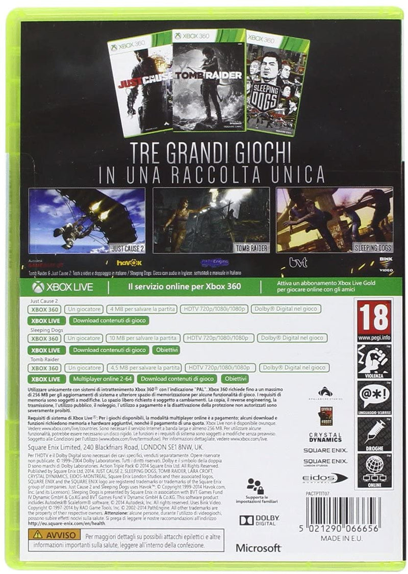 ULTIMATE ACTION TRIPLE PACK - JUST CAUSE 2 - SLEEPING DOGS - TOMB RIDER - XBOX 360 EDIZIONE ITALIANA (4575583961142)