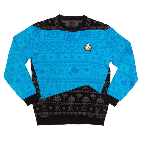 Maglione ufficiale di Star Trek 'Trek The Halls' blu -  Ugly Sweater (8001027080494)